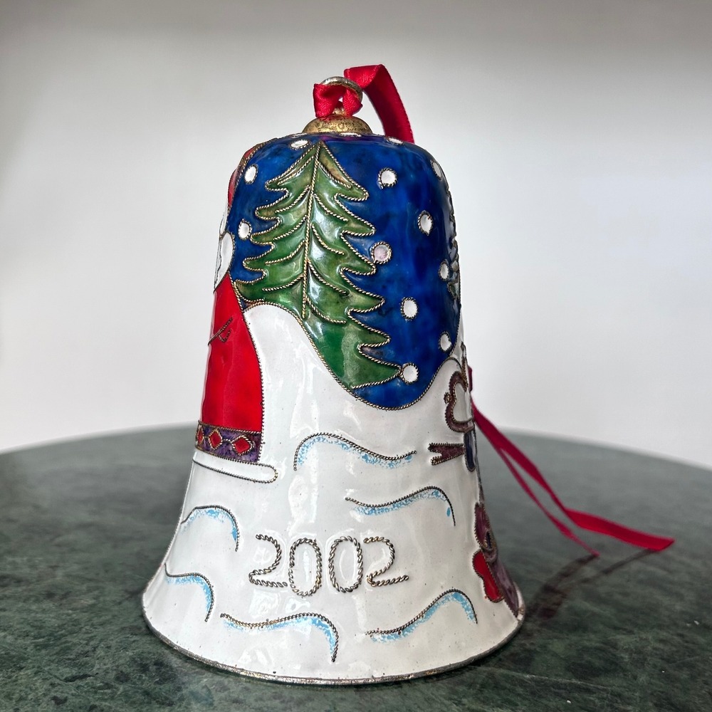 Christmas Bell Ornament Cloisonne Enamel Santa Snowman Tree Dillards 2002 - Picture 3 of 6